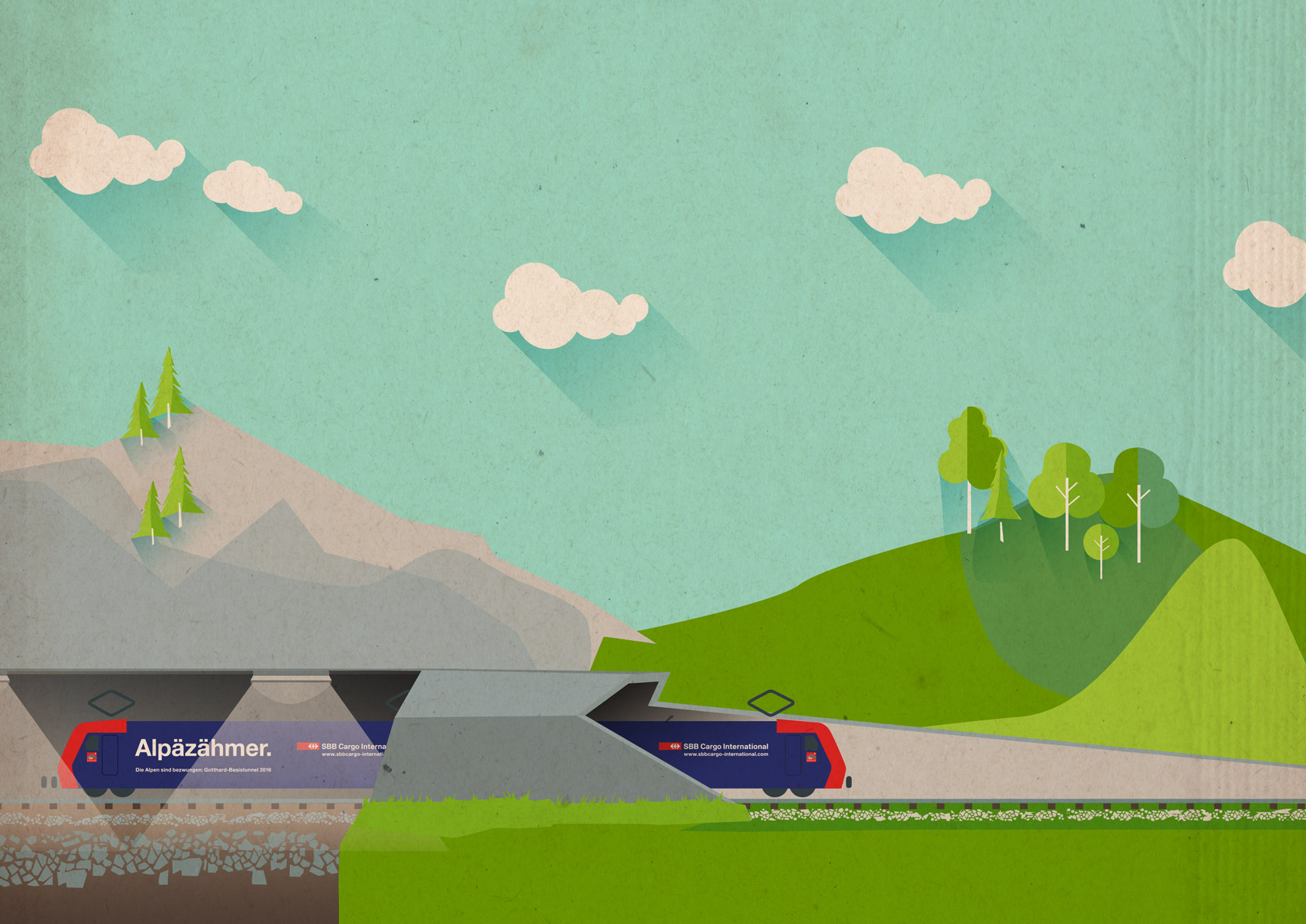 Illustration Landschaft SBB Cargo International Alpäzähmer Gotthard Basistunnel
