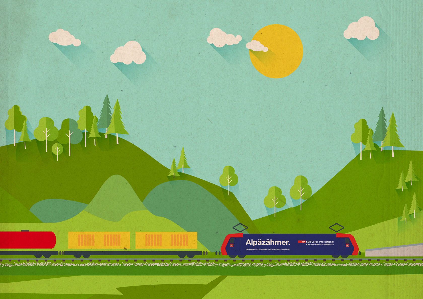 Illustration Landschaft SBB Cargo International Alpäzähmer Gotthard Basistunnel
