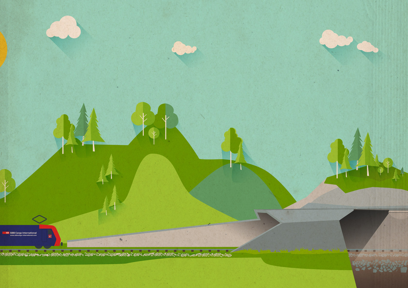 Illustration Landschaft SBB Cargo International Alpäzähmer Gotthard Basistunnel